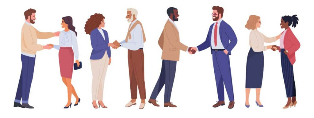 Illustration of a variety of business people meeting each other.