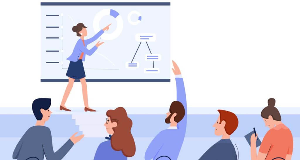 Illustration of a female presenter at a conference.