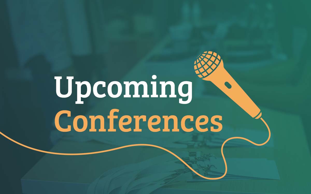 Illustration of microphone with photo of conference in background.
