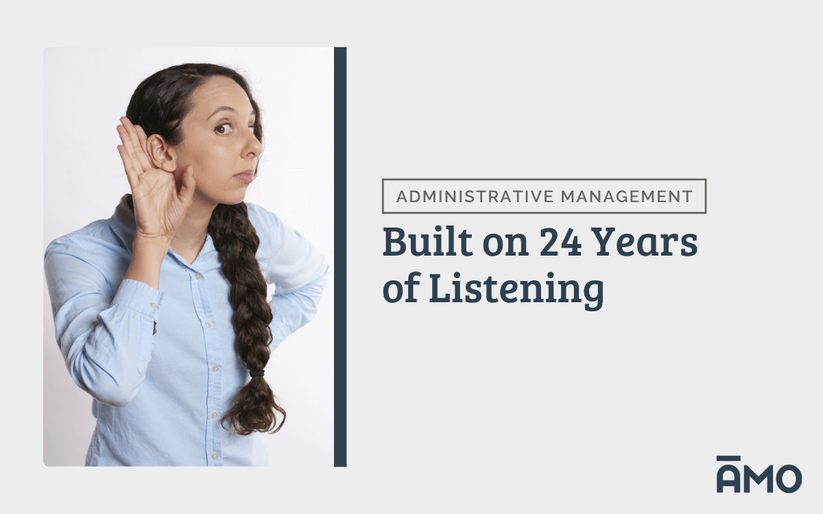 Built on 24 Years of Listening, Administrative Management. Image of person holding hand up to ear to listen better. (AMO)