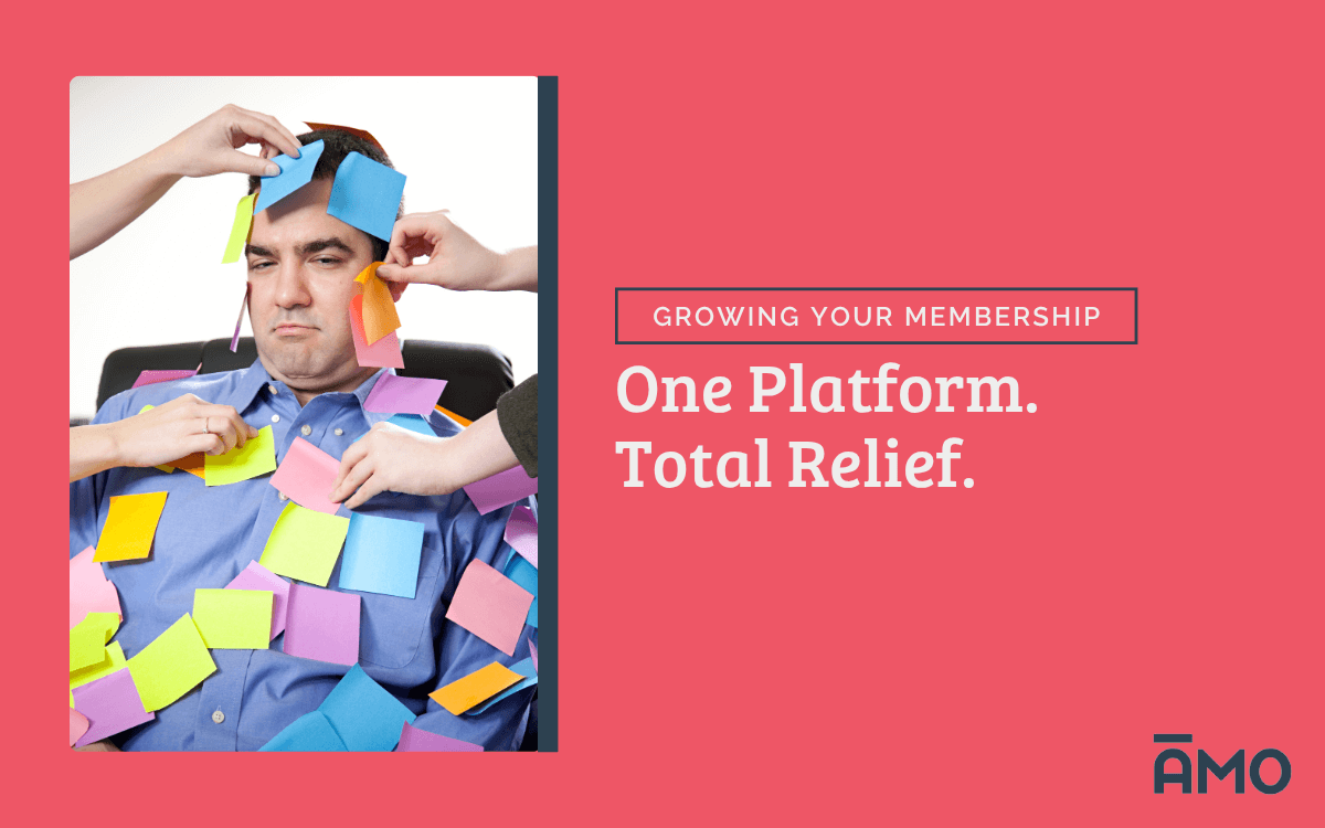 One Platform, Total Relief; Man covered in post-it notes, very stressed out. (AMO)