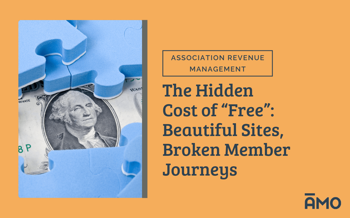 Blue puzzle pieces partially covering a dollar bill, symbolizing the hidden costs of ‘free’ tools—beautiful sites, broken member journeys.