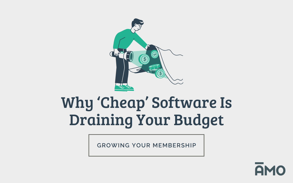 Illustration of a man pouring money out of a large megaphone-shaped funnel labeled with dollar signs; headline below reads “Why ‘Cheap’ Software Is Draining Your Budget” with a subheading “Growing Your Membership” and the AMO logo in the corner.