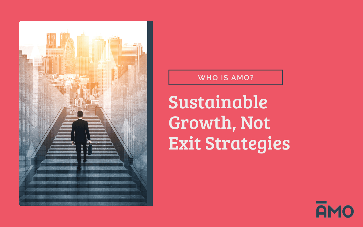 Business professional with a briefcase walking up stairs toward a city skyline, next to text that reads ‘Sustainable Growth, Not Exit Strategies,’ labeled under Who Is AMO? with AMO logo.