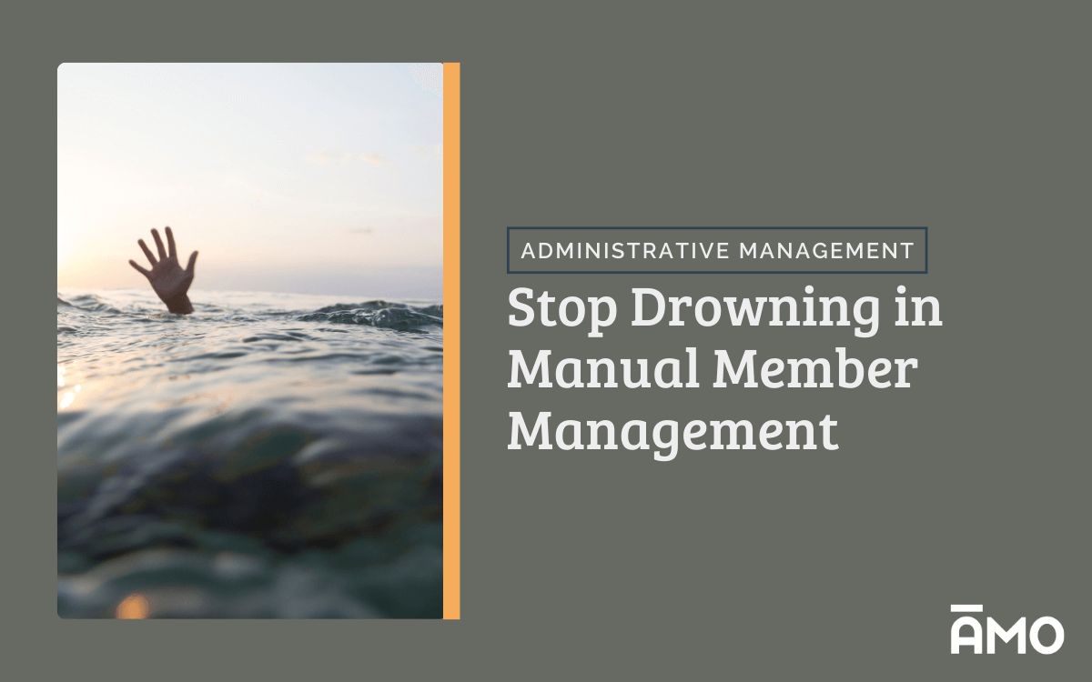 A single hand rises above the surface of ocean waves at sunset, symbolizing overwhelm, beside the headline “Stop Drowning in Manual Member Management” and the AMO logo on a gray background.