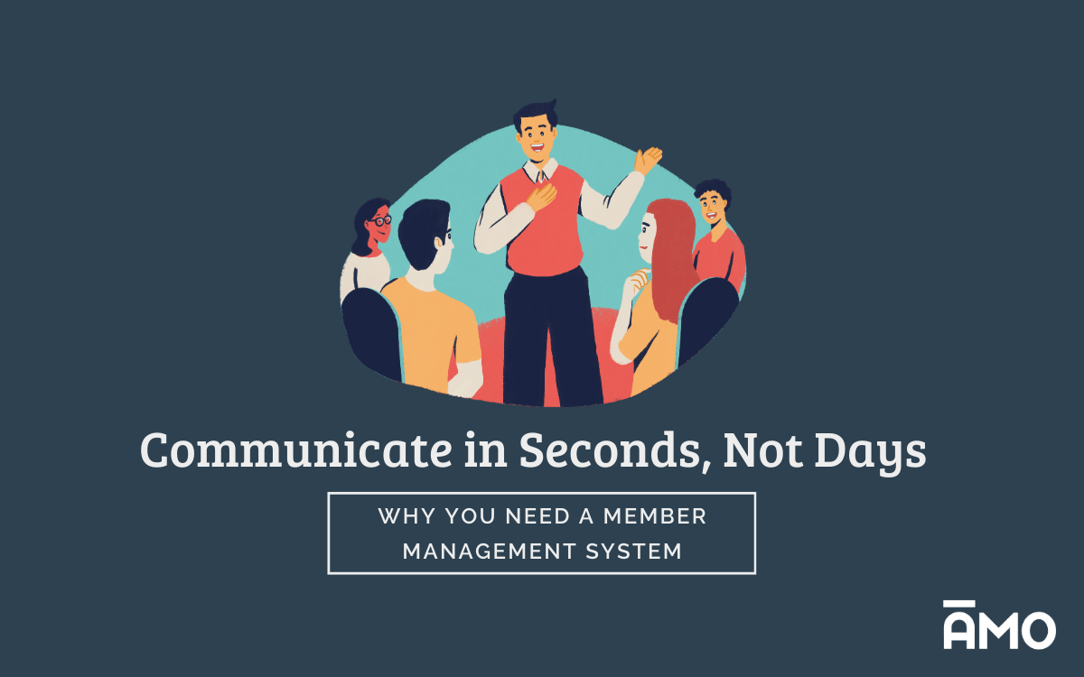 Illustration of a speaker addressing a group of people, with text that reads ‘Communicate in Seconds, Not Days,’ labeled under Why You Need a Member Management System with AMO logo.