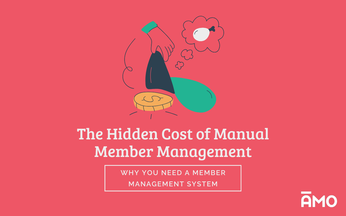Illustration of a hand dropping a coin into a funnel with a green spill and thought bubbles, on a bright red background, with the headline “The Hidden Cost of Manual Member Management” and the subtitle “Why You Need a Member Management System,” alongside the AMO logo.