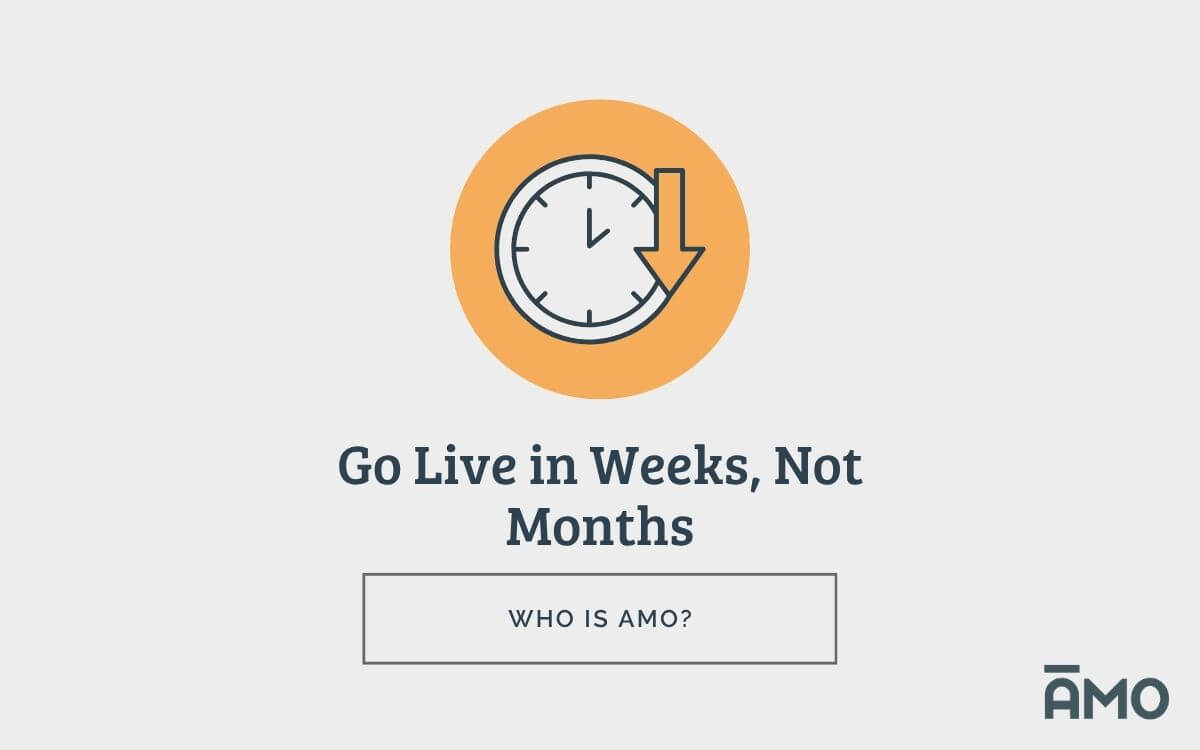 Illustration of a clock inside an orange circle, symbolizing speed and efficiency. Text reads “Go Live in Weeks, Not Months,” emphasizing quick membership platform implementation, with the AMO logo at the bottom.