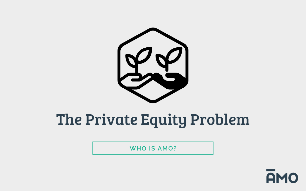 Illustration of two hands holding young plants inside a hexagon icon above the headline “The Private Equity Problem,” with a button labeled “Who Is AMO?”