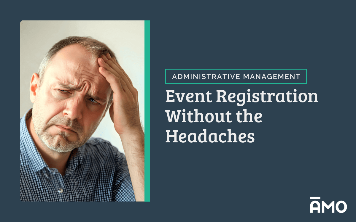 Man holding his head in frustration beside the headline “Event Registration Without the Headaches.”