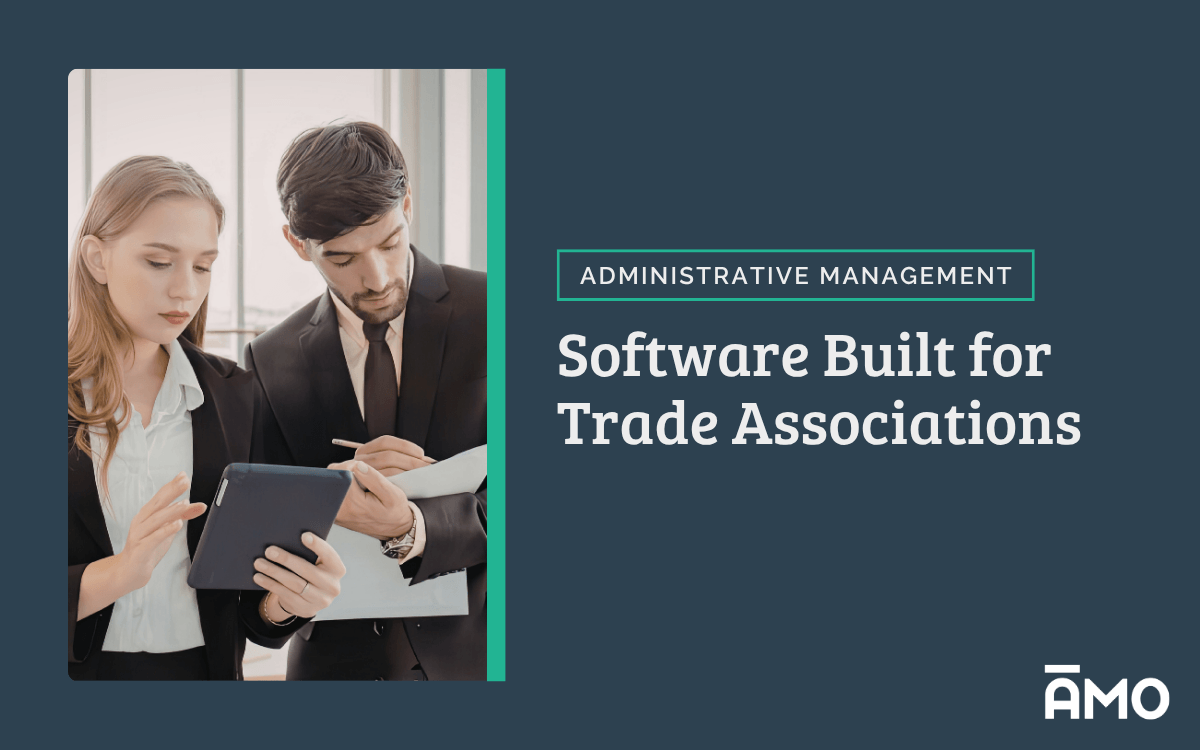 Two professionals reviewing a tablet with text “Software Built for Trade Associations” and AMO branding.