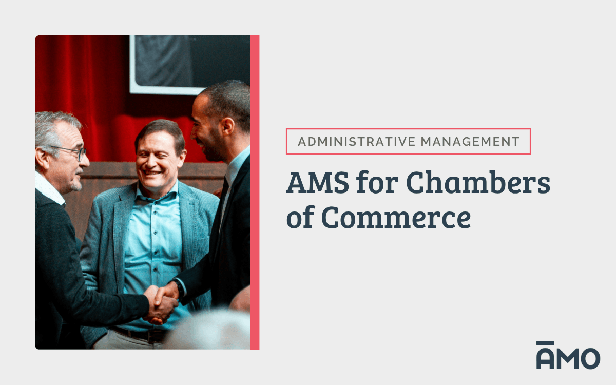 Three men shaking hands and talking with text “AMS for Chambers of Commerce” and AMO branding.