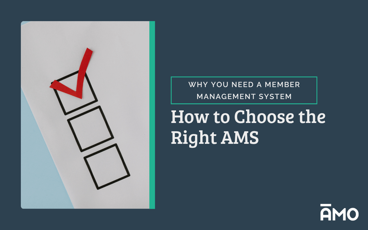 Checklist with a red checkmark and text “How to Choose the Right AMS” on a dark background with AMO logo.