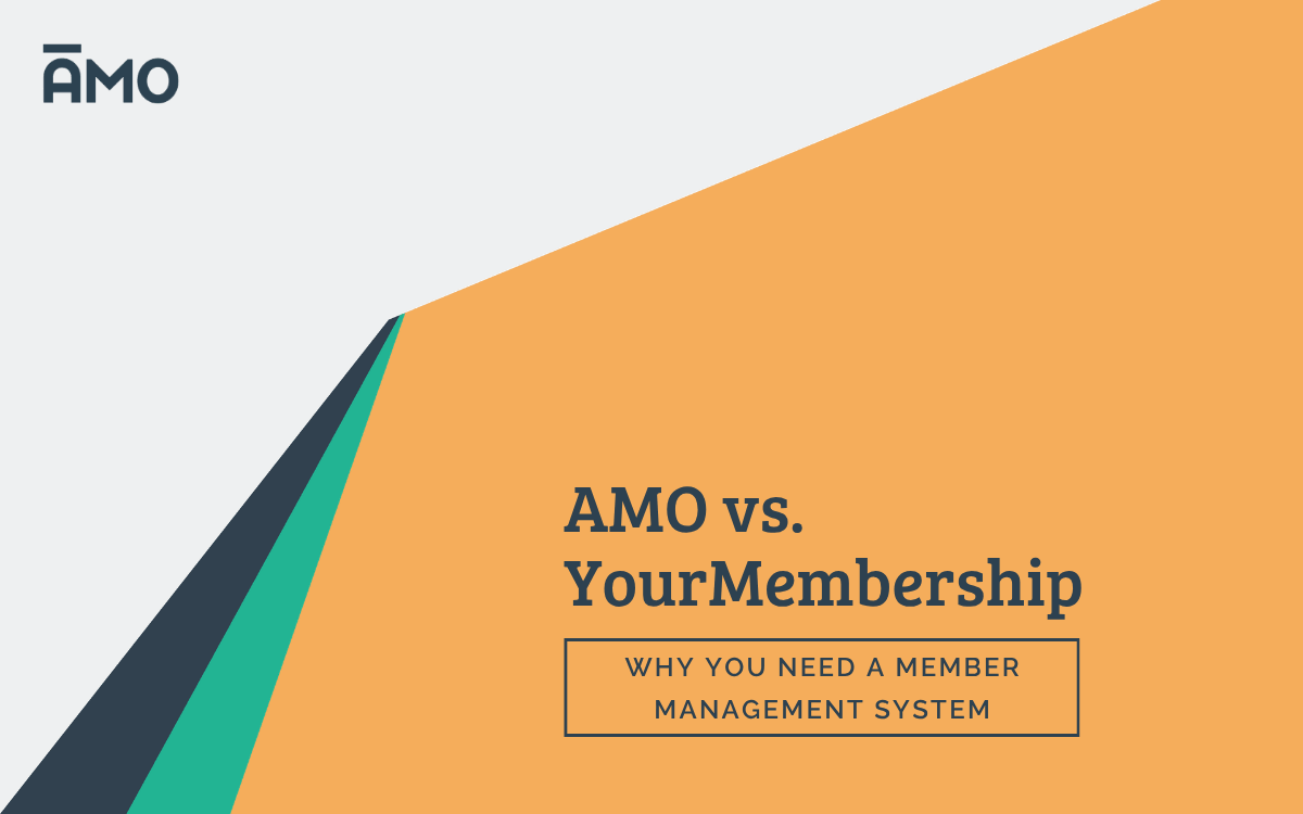 Graphic with AMO logo and text “AMO vs. YourMembership: Why You Need a Member Management System” on an orange and gray background.