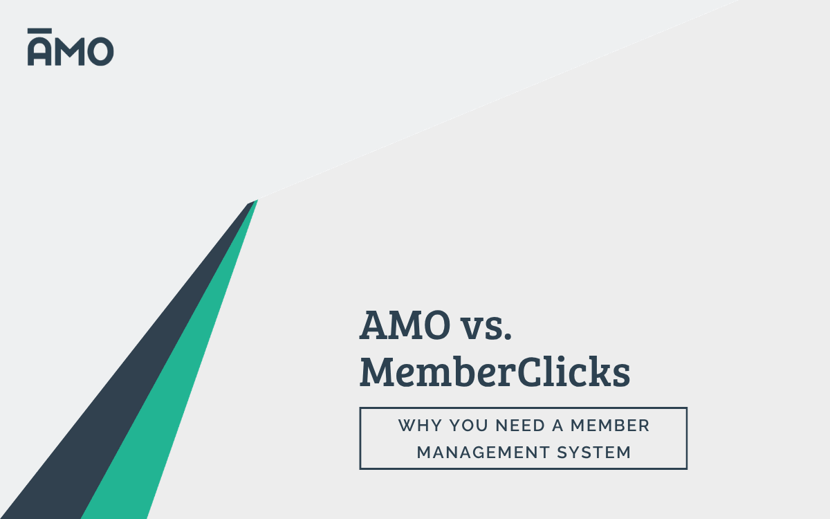 Graphic with AMO logo and text “AMO vs. MemberClicks: Why You Need a Member Management System” on a gray background.