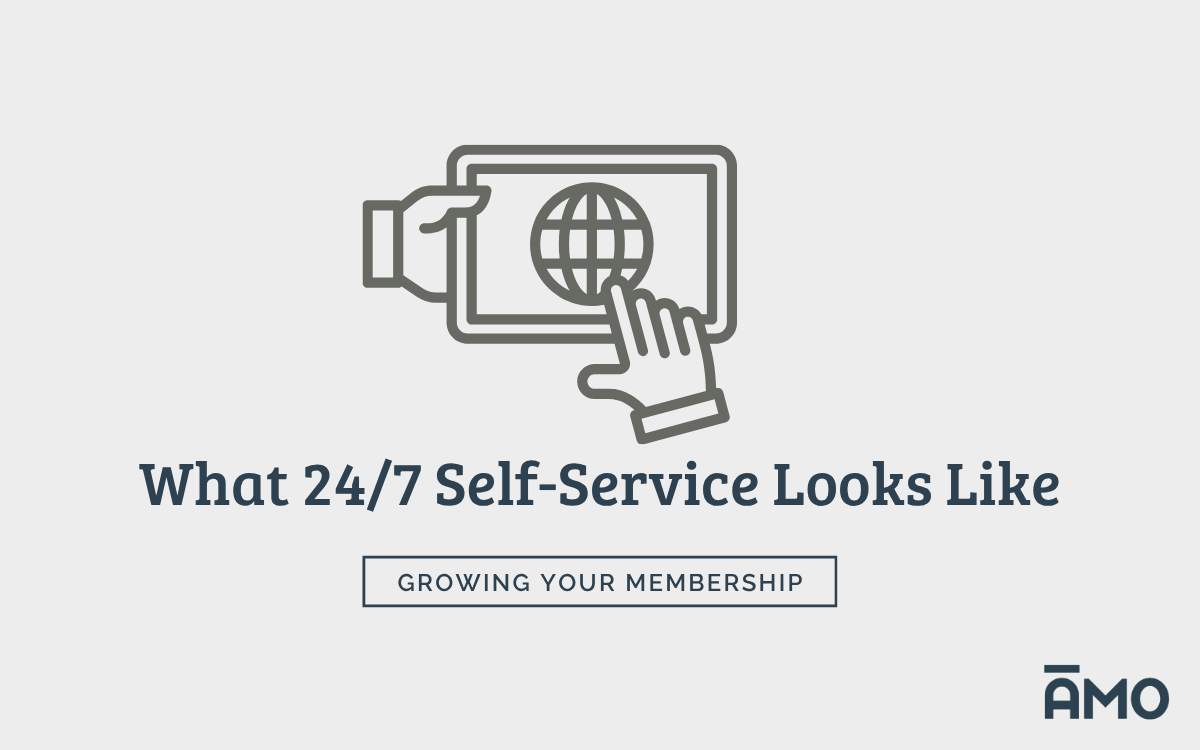Icon of hands using a tablet with globe and text “What 24/7 Self-Service Looks Like” with AMO branding.