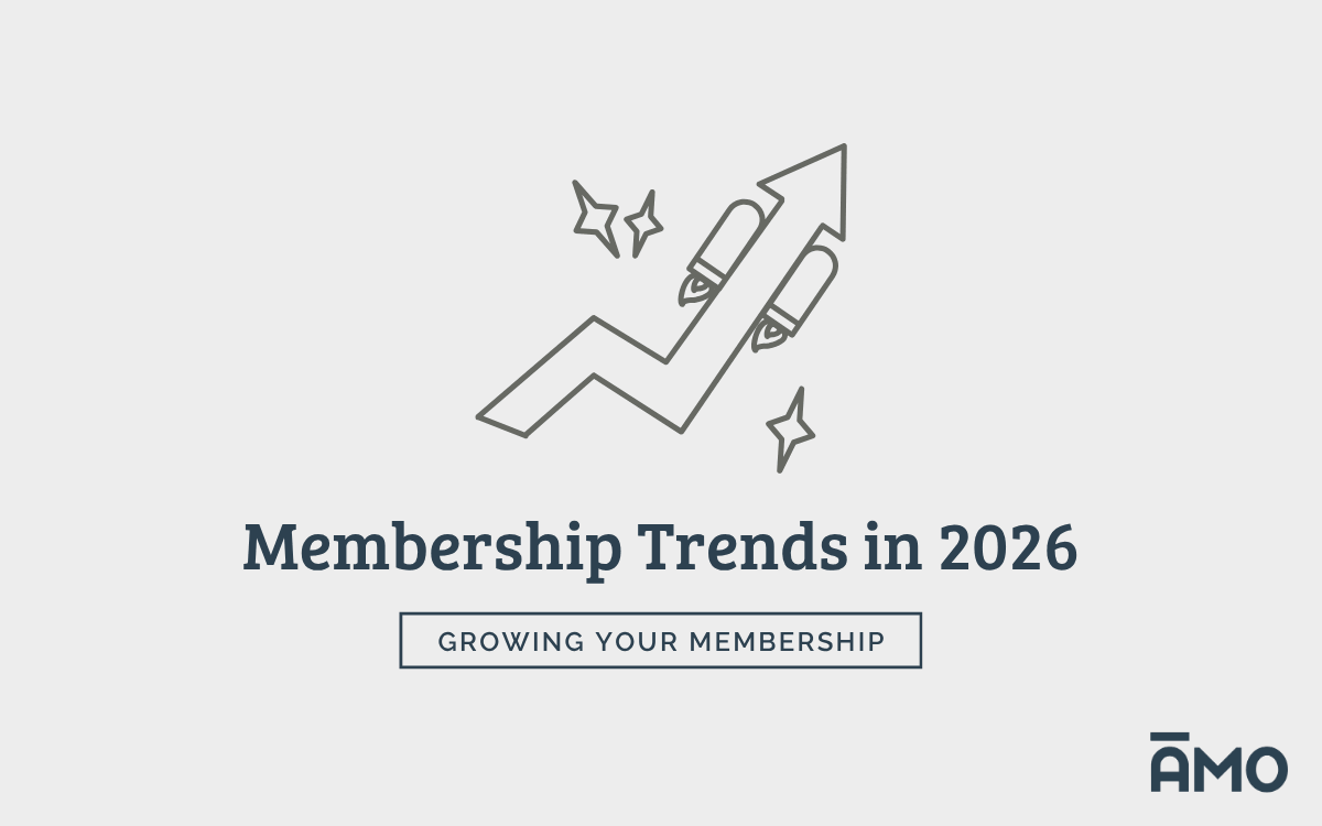 Upward arrow with rockets icon and text “Membership Trends in 2026” with AMO branding.